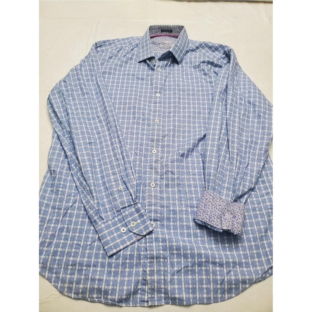 Bugatchi Shirt Mens Large Blue Check‎ Classic Fit Contrast Cuffs Long Sleeve